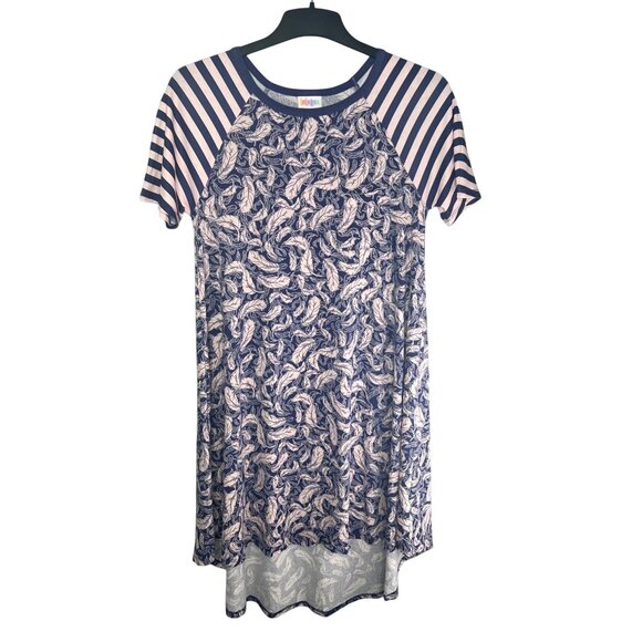 Lularoe Carly Striped Navy & Pink Feather Print High-Low Dress Small - Picture 1 of 14